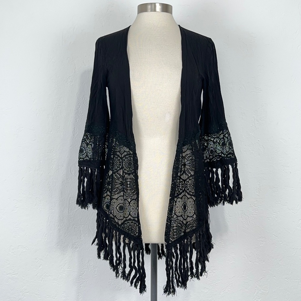 Witchy Goth Dark Fairy Kimono Size Small Black Sheer Lace Tassel Cardigan Duster